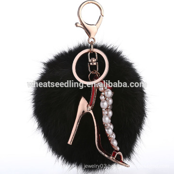 fashion accessory ladies sexy high heels keychain with fur pom poms